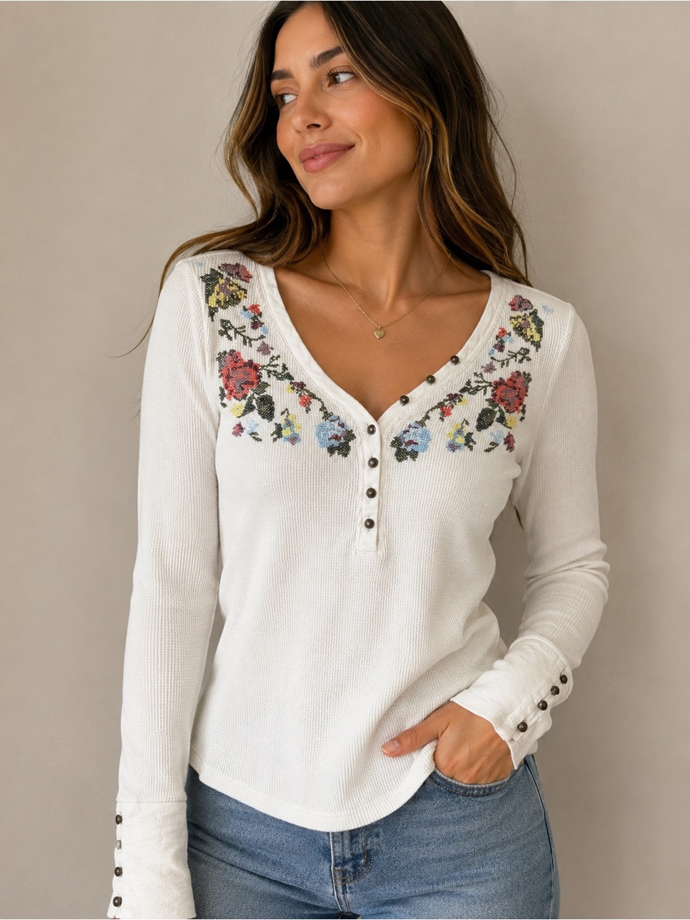 Pilcro White Long-Sleeve Henley Top with Floral Embroidery